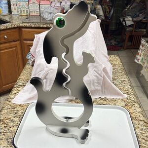 Dog White and Black Wooden Art Sculpture with Big Eyes